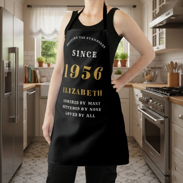 Tablier Personalized 70th Birthday 1956 Black & Gold (birthday 1956 apron worn in a kitchen.)