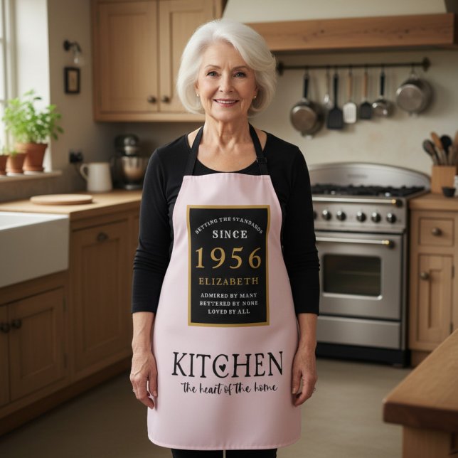 Tablier Personalized 70th Birthday Cook Chef Baker Pink (1956 birthday apron worn in a kitchen)