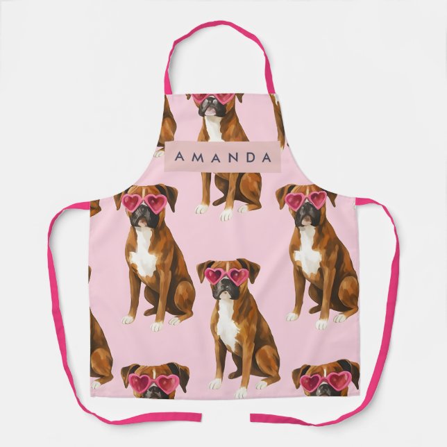 Tablier Personalized Boxer Dog with Pink Heart Glasses (Recto)