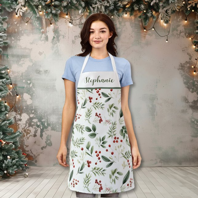 Tablier Personalized Christmas Greenery & Red Berries (Personalized Christmas Greenery & Red Berries Apron)