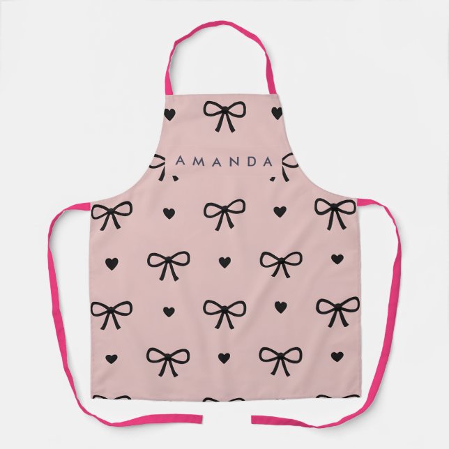 Tablier Personalized Cute Chic Pink Bow & Heart Pattern (Recto)