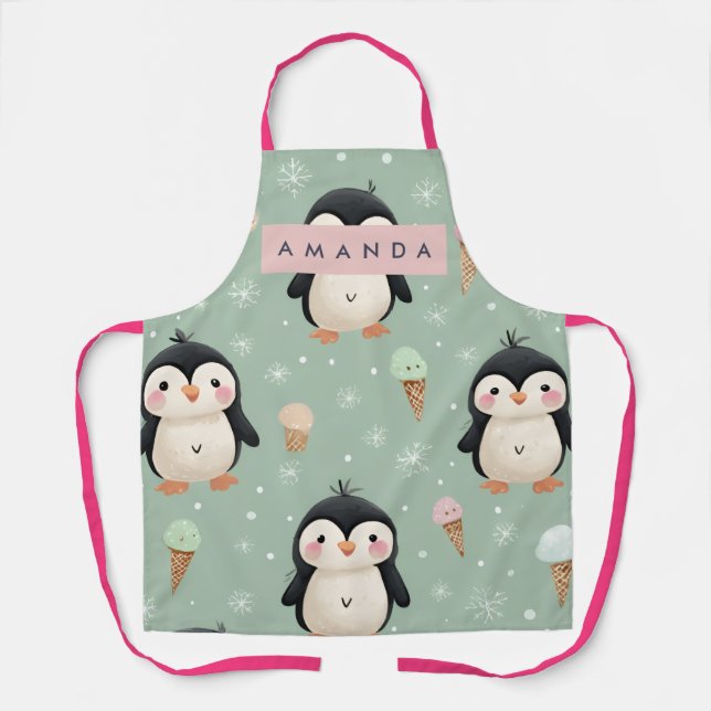 Tablier Personalized Cute Penguin & Ice Cream Pattern (Recto)