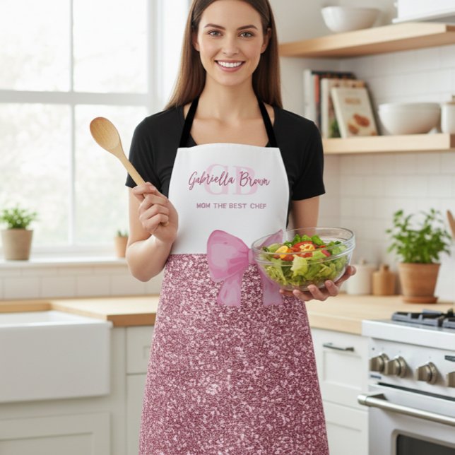 Tablier Personalized Glitter Pink Apron Mom The Best Chef (Créateur téléchargé)