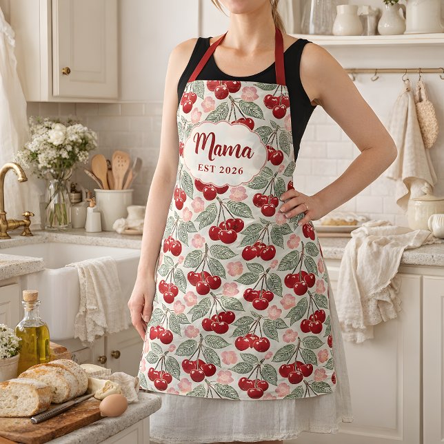 Tablier Personalized Mama Cherry Apron | Custom Name & Est (Mama Apron with Vintage Cherry Pattern.  Personalized Mama EST Apron- great gift for new moms)