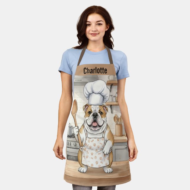 Tablier Personalized Name Watercolor Bulldog Chef (Porté)