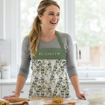 Tablier Personalized Olive Pattern Sage Green<br><div class="desc">An elegant design featuring a pattern of black olives and green olive leaves on a white background. Personalize it with her name in white on sage green.</div>