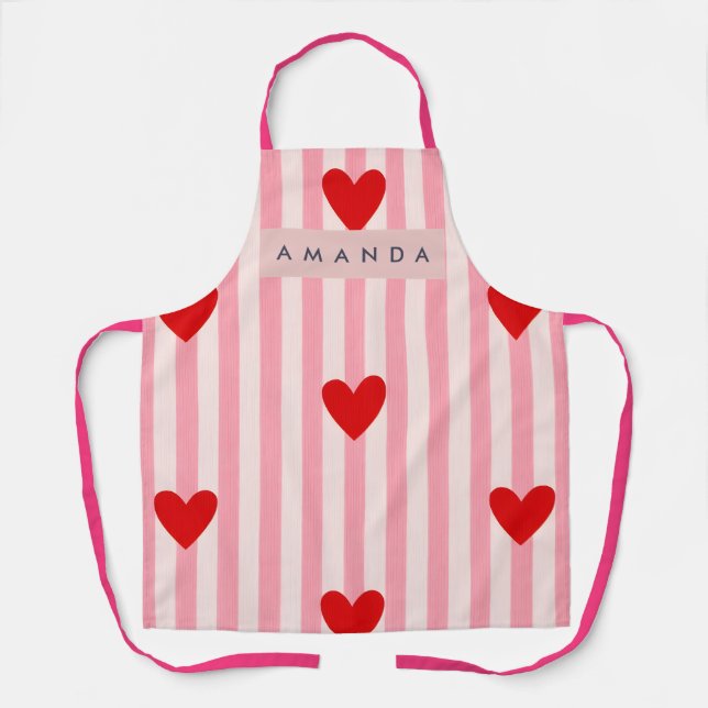 Tablier Personalized Playful Red Heart & Pink Stripe  (Recto)