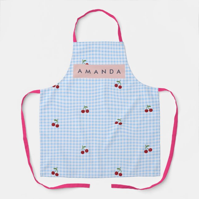 Tablier Personalized Retro Blue Gingham Cherry Print  (Recto)
