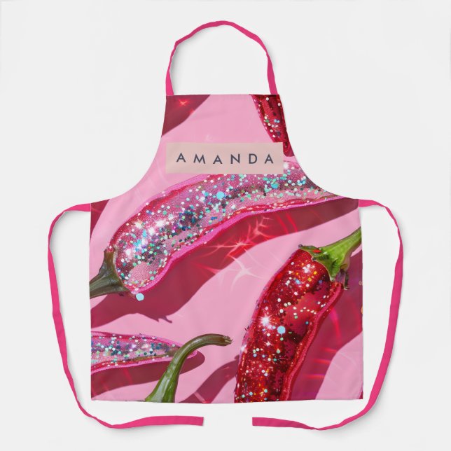 Tablier Personalized Sparkling Hot Pink Glitter Chili (Recto)