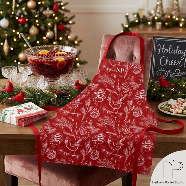 Tablier personnalisé de Noël Cardinal rouge (This Cardinal Christmas Apron features hand-drawn art, perfect for festive holiday home bakers.)