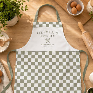 Tablier personnalisé en vert sauge à carreaux pour