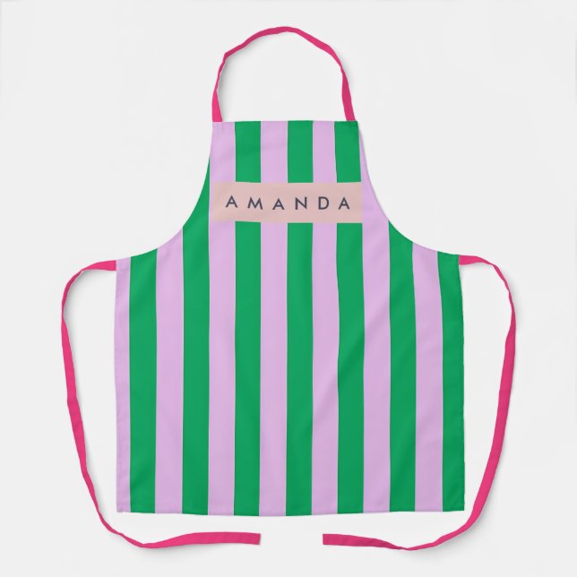 Tablier Personnalisé Frais Rayé Rétro Vert et Rose (Recto)