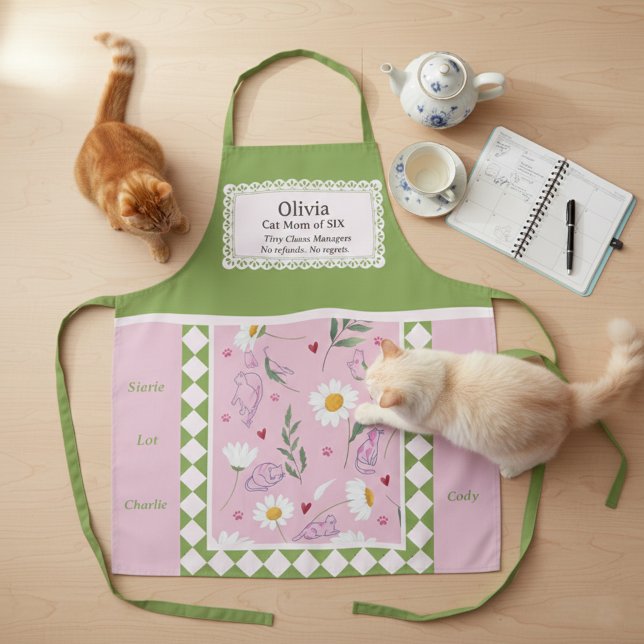 Tablier Personnalisé Maman Chat Rose Vert Rétro (Créateur téléchargé)