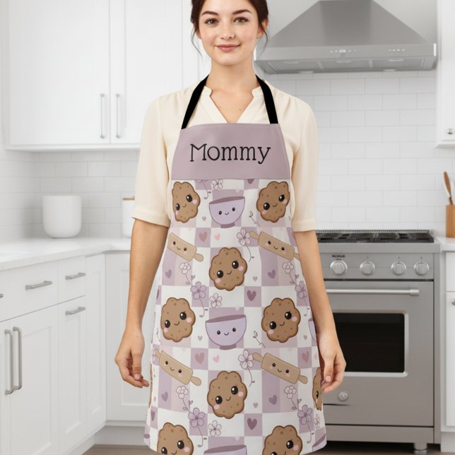 Tablier Personnalisé Maman Kawaii Cookie Gingham C (Créateur téléchargé)