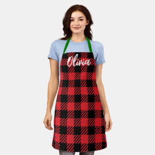 Tablier Personnalisé Nom Noël Rouge Vert Plaid Baker Femme