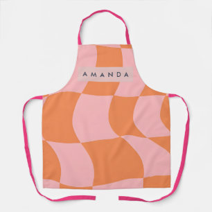 Tablier Personnalisé Orange Rétro et Rose à Carreaux Ondul