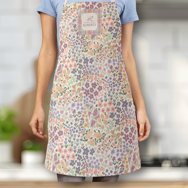 Tablier personnalisé patchwork floral et à carreau (Floral Cottagecore Apron – Colorful Vintage-Inspired Kitchen Gift)