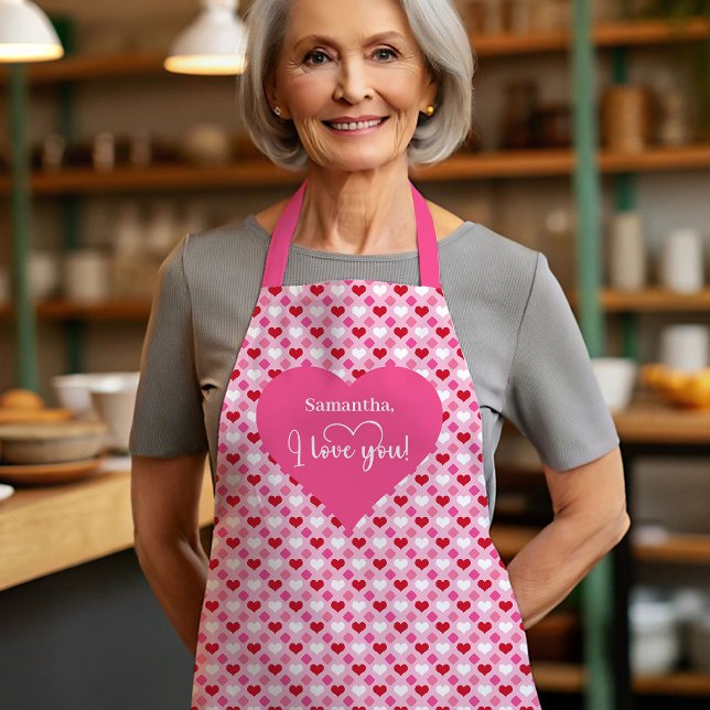 Tablier personnalisé Saint-Valentin Cœurs Roses et (Minimal Pink and Red Hearts Personalized Valentine Apron)