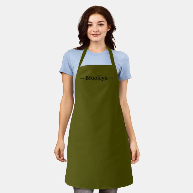 Tablier personnaliser changer le nom texte blanc olive mou (Porté)