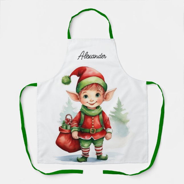 Tablier Personnaliser Nom elfe de Noël avec sac de cadeaux (Recto)