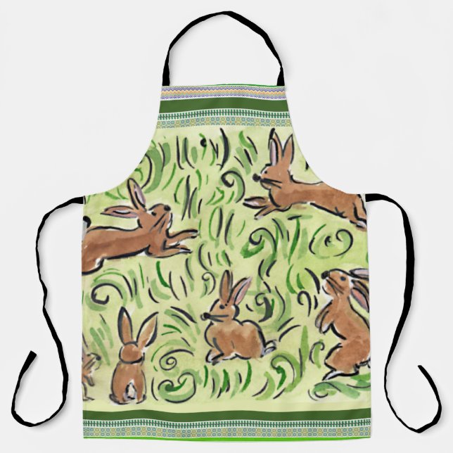 Tablier Petite Bunnies Brown Hopping sur Green (Recto)