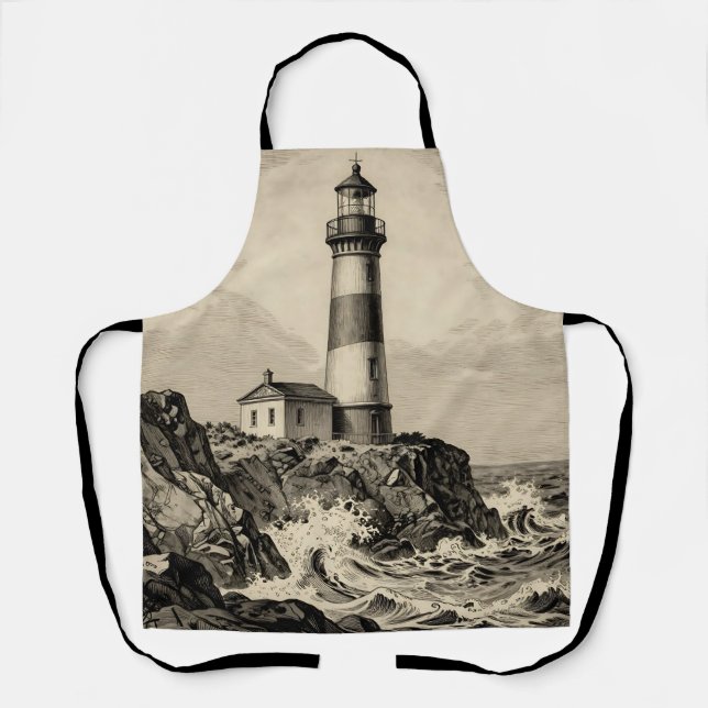 Tablier Phare rayé vintage côte orageuse  (Recto)