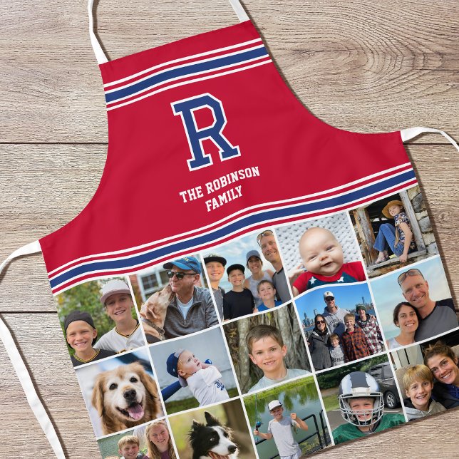 Tablier Photo Collage Famille Monogramme Marine Crimson Ro (Créateur téléchargé)