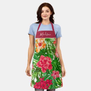 Tablier Pic rose Tropical Floral Impression avec nom