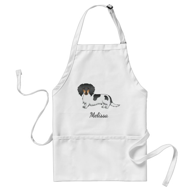 Tablier Piebald Noir Et Tan Cheveux Long Dachshund & Nom (Devant)