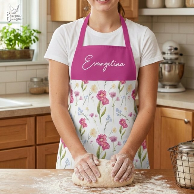 Tablier Pink Purple Watercolor Wildflower Custom Name (Personalized wildflower boho apron with pink panel and customizable name. Ideal for home chef gift)