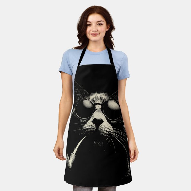 Tablier Pipe Cat - Cool Retro Cat Graphic Monochrome (Porté)