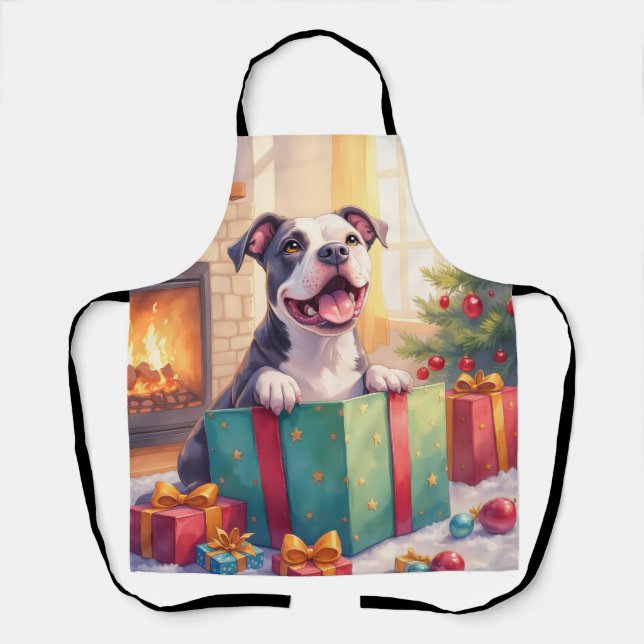 Tablier Pitbull joueur ouvrant des cadeaux de Noël pour le (Recto)