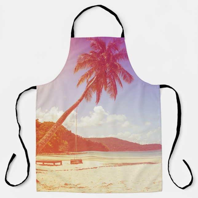 Tablier Plage, cocotier, lit en bois. (Recto)