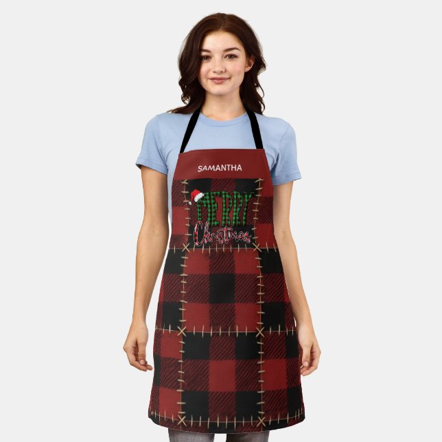 Tablier Plaid Buffalo Rouge Rustique Nom Personnalisable (Porté)