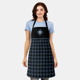 Tablier Plaid Diamond Initial Dark Blue + Black Apron