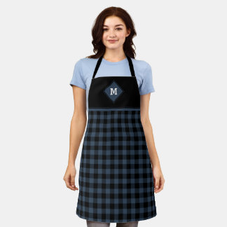 Tablier Plaid Diamond Initial Dark Blue + Black Apron