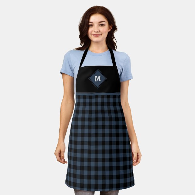 Tablier Plaid Diamond Initial Dark Blue + Black Apron (Porté)
