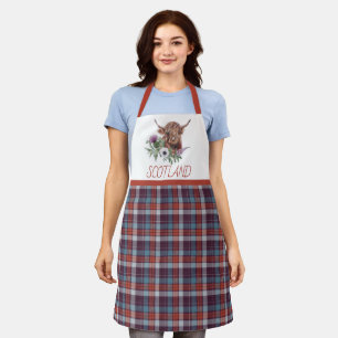 Tablier Plaid rouge avec la vache écossaise Highland et le