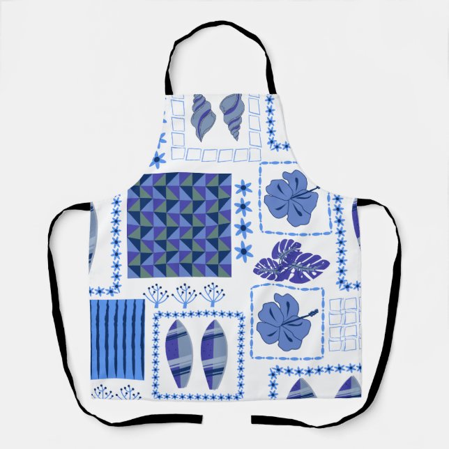 Tablier Planche de surf tropicale bleue motif hibiscus (Recto)