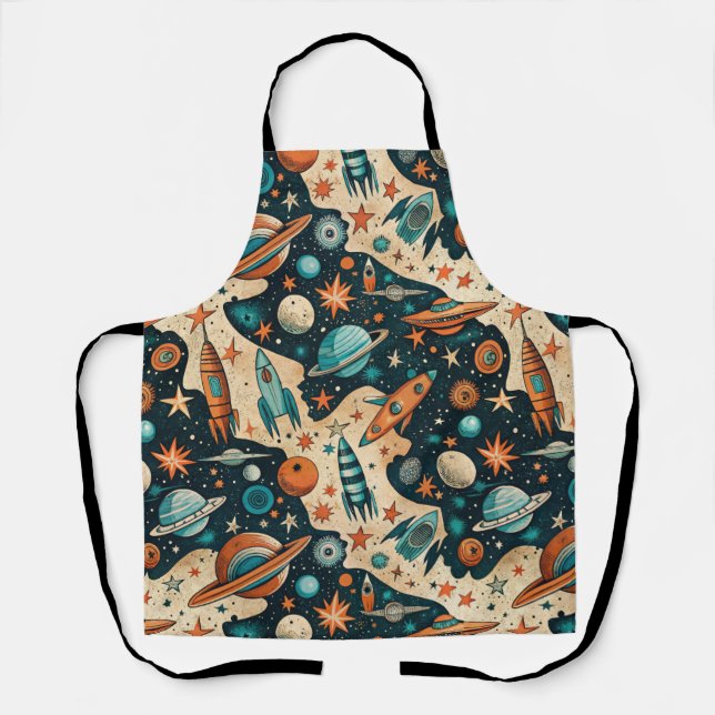 Tablier Planètes de fusée spatiale rétro Orange sarcelle N (Recto)