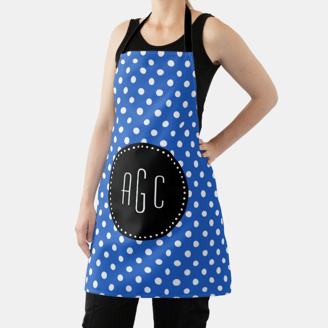 Tablier Pois bleus et blancs avec monogramme noir (Insitu)