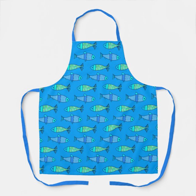 Tablier Poisson moderne rétro, bleu turquoise et cerulean (Recto)