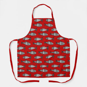 Tablier Poisson moderne rétro, rouge profond et gris