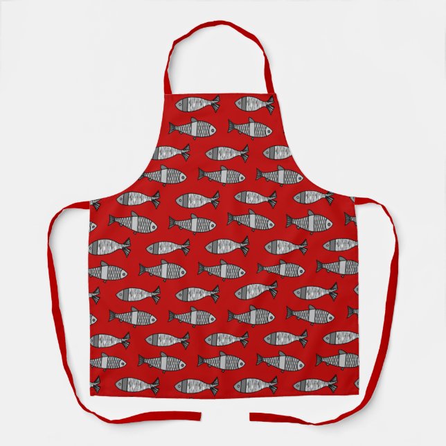 Tablier Poisson moderne rétro, rouge profond et gris (Recto)