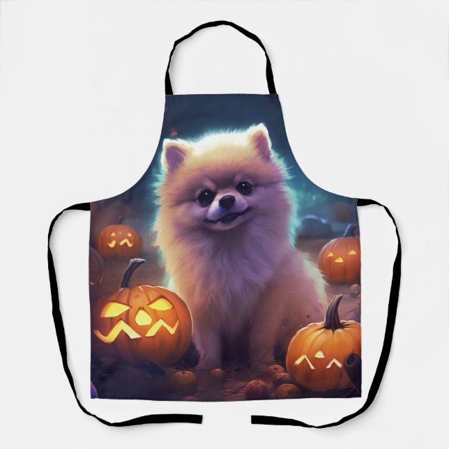 Tablier Pomeranian Halloween avec citrouilles effrayant  (Recto)