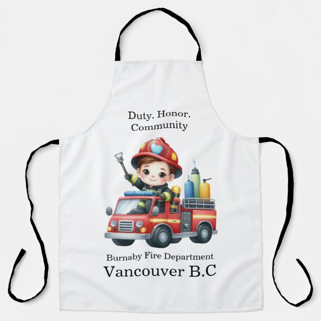 Tablier Pompier joyeux conduisant un camion de pompiers co (Recto)