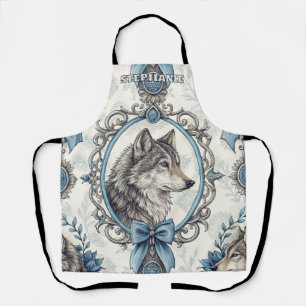 Tablier Portrait de loup d'hiver en cadre bleu et gris ora