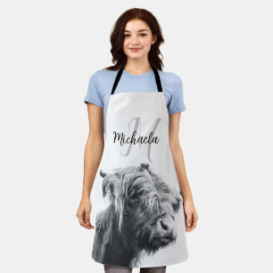 Tablier Portrait de vache Highland premier monogramme noir