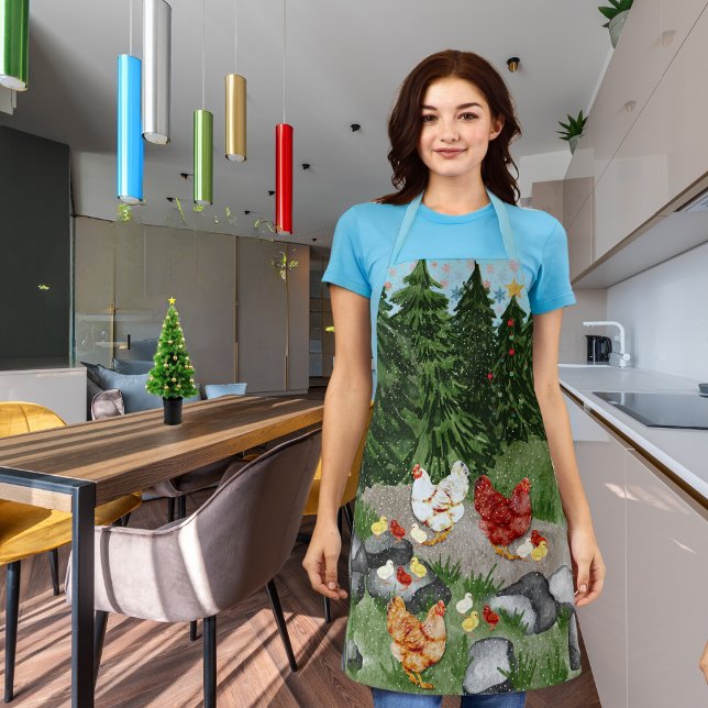 Tablier Poules, poussins et flocons de neige bleu clair (Créateur téléchargé)