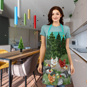 Tablier Poules, poussins et flocons de neige bleu turquois
